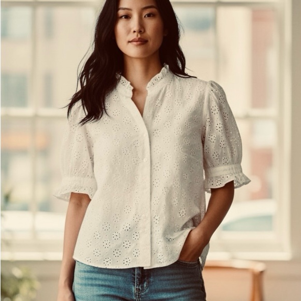 NWT Ann Taylor Eyelet Ruffle Collar Blouse Top size Large Romantic Feminine